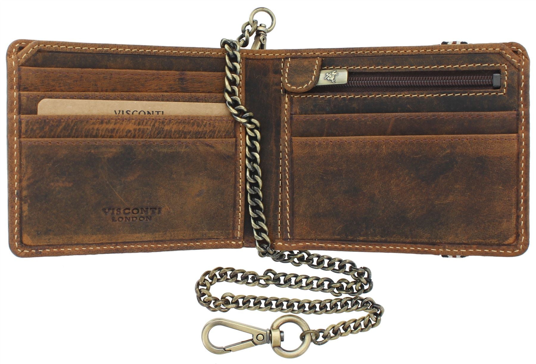 FLW Genuine Leather Biker Wallet With 18" Metal Chain - RFID Blocking, Trifold, Motorbike Design